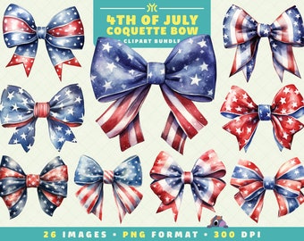 Acuarela 4 de julio Coquette Bow Clipart, 26 archivos PNG, Alta resolución, Arte patriótico para Scrapbooking, Manualidades, Descarga digital
