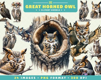 Great Horned Owl Clipart, 24 PNG Files, High-Resolution, Owl PNG, Wildlife Art for Scrapbooking, Invitations, Crafts, Digital Download