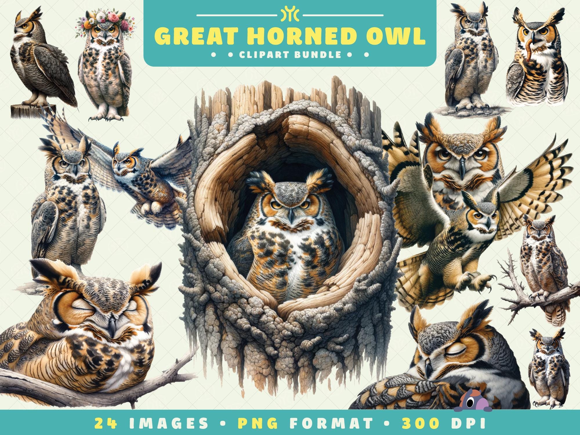 Great Horned Owl Clipart, 24 PNG Files, High-Resolution, Owl PNG, Wildlife Art for Scrapbooking, Inv