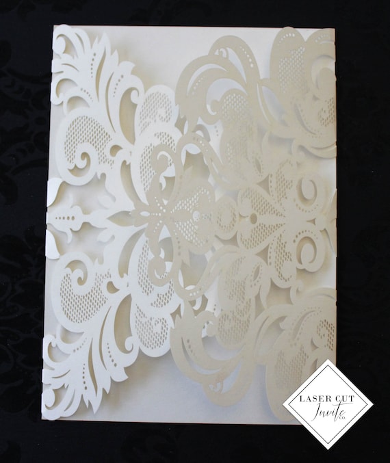 Laser Cut Invitation Enclosure Card Flowery Gate Fold Purple Shimmer CLEARANCE SALE