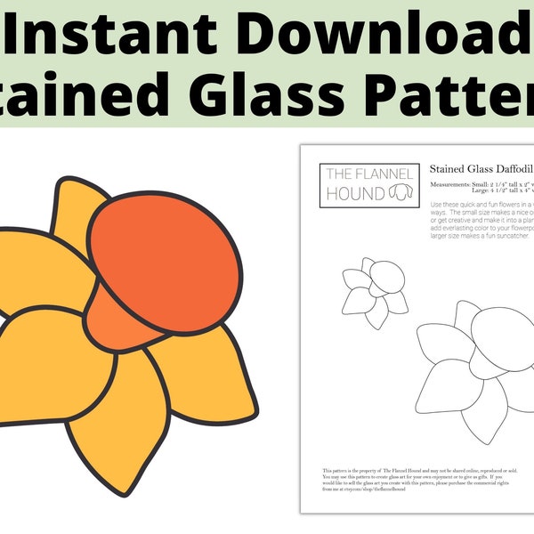 Beginner level stained glass pattern spring flower, daffodil plant stake or suncatcher, instant download easy project