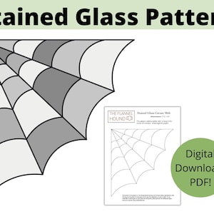 May include: A stained glass pattern of a spider web in the corner of a window. The pattern is in black and white and is a great beginner project. The pattern is available as a digital download PDF.