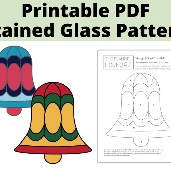 Vintage Style Christmas Bell Stained Glass Pattern for Digital Download, Beginner stained glass suncatcher template PDF