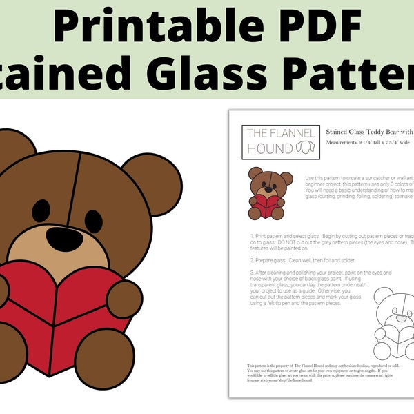 Beginner stained glass pattern teddy bear with heart for Valentines Day, easy stained glass bear suncatcher