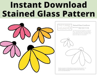 Pattern for spring flower plant stake, Easy stained glass pattern for beginners, Coneflower pattern in two sizes with instant download