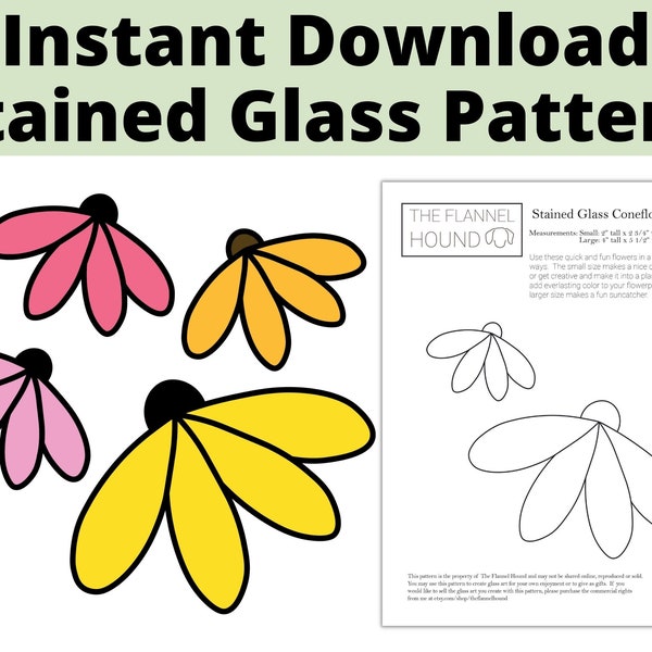 Pattern for spring flower plant stake, Easy stained glass pattern for beginners, Coneflower pattern in two sizes with instant download