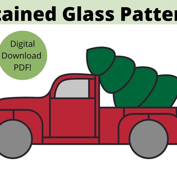 Holiday Truck with Christmas Tree Stained Glass Pattern, Printable PDF instant download template for Stained glass art, christmas suncatcher