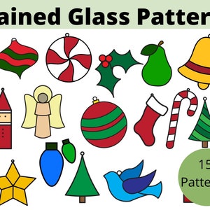 Christmas Ornament Stained Glass Patterns, multiple patterns, Digital Download PDF, 15 patterns, beginner level, easy patterns