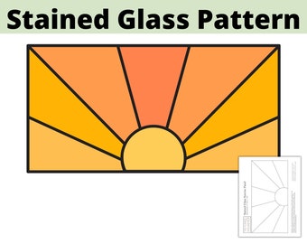 May include: A stained glass pattern of a sun with orange, yellow, and red glass pieces. The pattern is in the shape of a rectangle with a rounded top.
