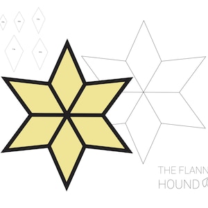 Op de afbeelding: Een gele zespuntige ster met zwarte contouren, verdeeld in kleinere diamanten. De ster is gesuperponeerd op een witte omtrek van een zespuntige ster, verdeeld in kleinere diamanten. De tekst "THE FLANNEL HOUND" staat onder de sterren.