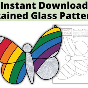 Puede incluir: Un patrón de vitral para un atrapasol de mariposa arcoíris. El patrón mide 10 cm de alto y 9 cm de ancho. El patrón incluye instrucciones para la fijación de los anillos de salto.
