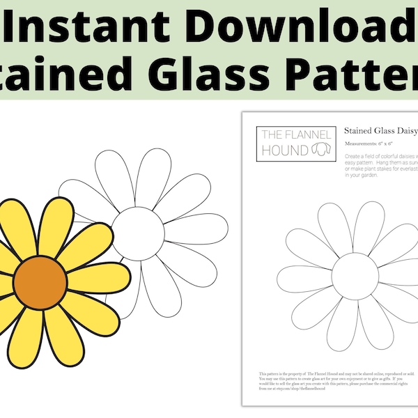 Easy Stained Glass Daisy Pattern, Easy beginner stained glass pattern, Daisy pattern with instant download