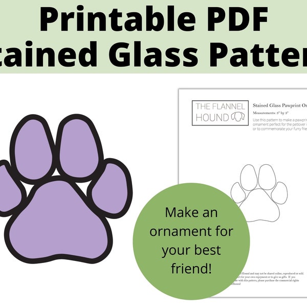 Paw Print Stained Glass Pattern for Instant Download, Paw print ornament or suncatcher PDF, Beginner Stained Glass template for Easy project