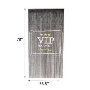 May include: A beaded curtain with a VIP Lounge design. The curtain is 198 cm tall and 90 cm wide. The text is in a white rectangle with gold stars and accents. The beads are a mix of grey and white.