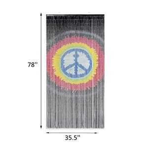 May include: A beaded curtain featuring a peace sign in the center. The peace sign is multi-colored, with a blue center and surrounded by yellow, red, and pink. The curtain is 78 inches tall and 35.5 inches wide.