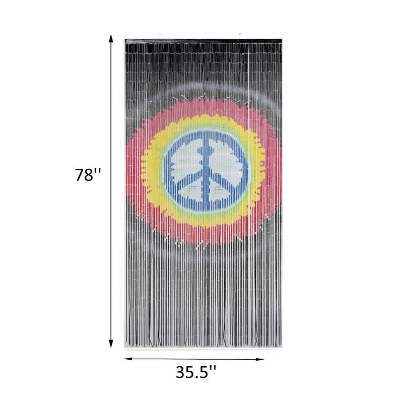 May include: A beaded curtain featuring a peace sign in the center. The peace sign is multi-colored, with a blue center and surrounded by yellow, red, and pink. The curtain is 78 inches tall and 35.5 inches wide.