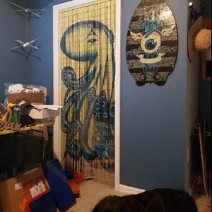 Octopus Doorway curtains, Painted bamboo beaded curtains, wall art, window treatment, room divider