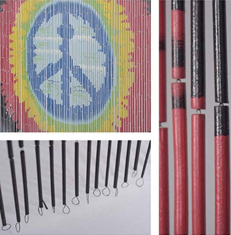 May include: A colorful bamboo beaded curtain with a peace sign design. The curtain features a rainbow of colors, including red, yellow, blue, and green. The peace sign is in the center, with a blue background. The curtain is made of bamboo beads.
