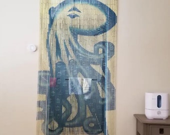 Octopus Doorway curtains, Painted bamboo beaded curtains, wall art, window treatment, room divider