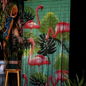 Flamingo Bamboo Beaded Door Curtain: Hand-Painted Room Divider