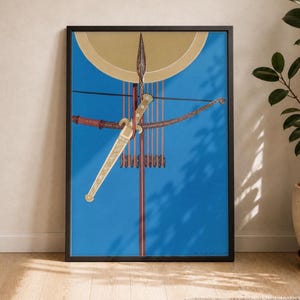 Vintage Odyssey Print, Odysseus Bow and Arrow, Ulysses Art Deco Woodblock Illustration