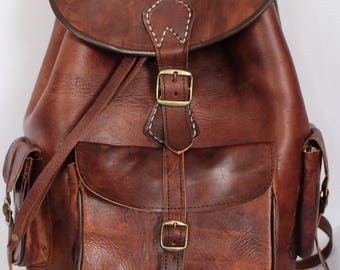 078 Large Vintage Style Real Genuine Leather Bag Rucksack Backpack Brown