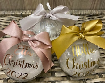 Personalised Filled Bauble - First Christmas Bauble - Name Bauble - Baby Christmas Gift - Christmas 2023 Bauble - Feather/Tinsel/Snow filled