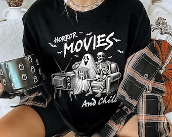 Horror Movies and Chill T-shirt, Funny Halloween Shirt, Spooky Season Graphic for Horror Fan, Cute Fall October Shirt
