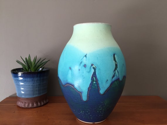 Large Ceramic Vase Drip Glaze Pottery Teal Vase Turquoise Etsy