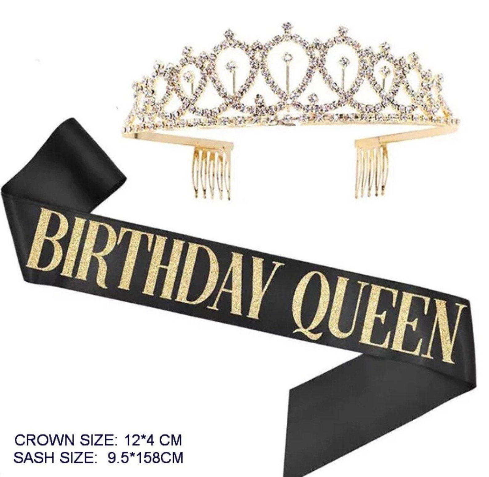 Gold Crystal Tiara with Black Birthday Queen Sash letter in Etsy