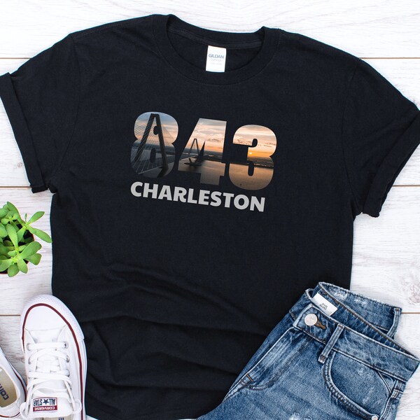 Charleston Area Code Art Arthur Ravenel Bridge SC Vacation print T-shirt 2
