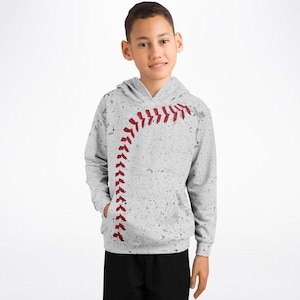 May include: A gray hoodie with a white speckled pattern and a red baseball stitch design. The hoodie has a drawstring hood and a kangaroo pocket.