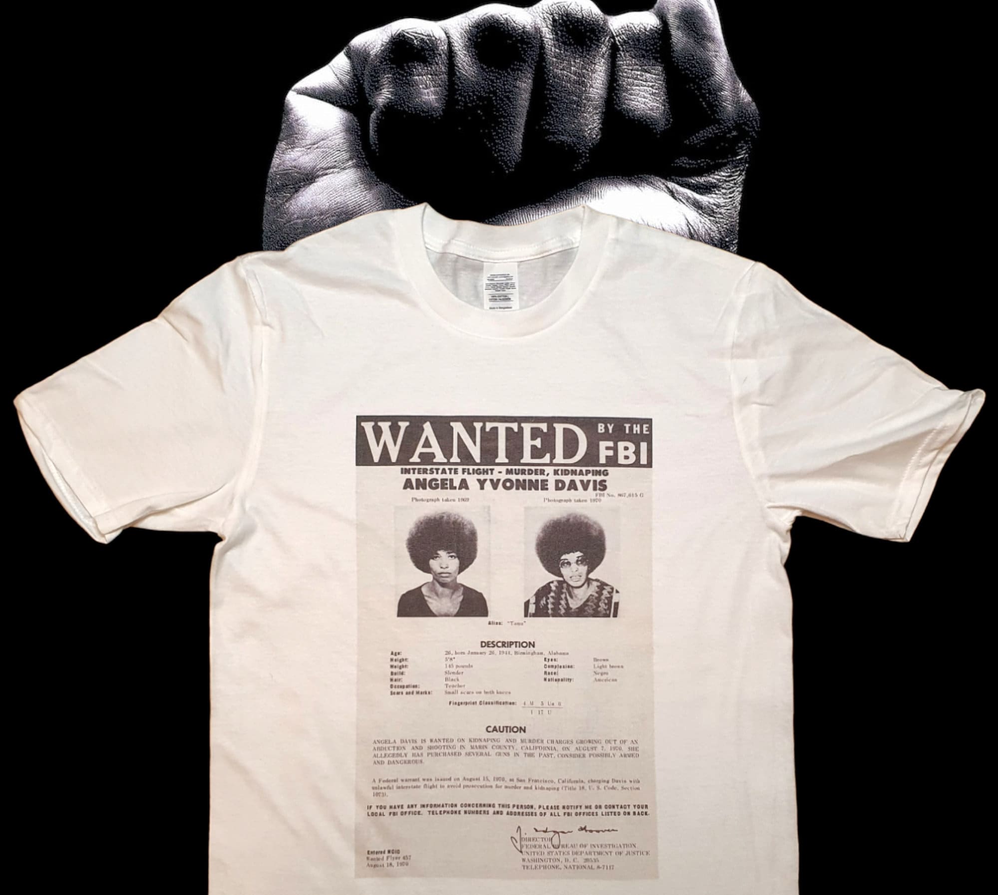 Angela Davis FBI Wanted Poster Unisex White T-shirt sizes available S-3XL (Personalisation available upon request)