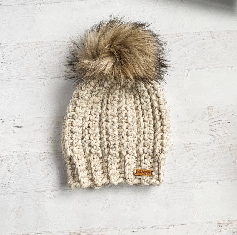 Winter Hat with Pom Pom Ready to Ship Hat with fur ball Women/'s Hat with pom pom Beige winter hat Hat with fur pom pom