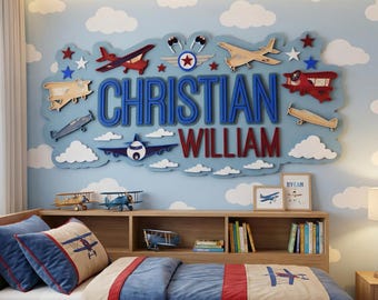 Triple Layered Airplane Name Sign, Retro Nursery Decor