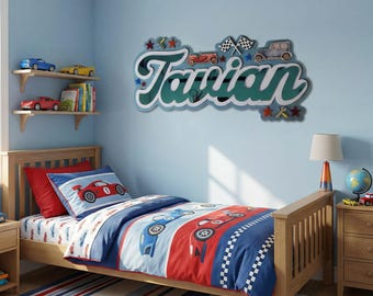 Retro Cars Nursery Name Sign, Vintage Cars, Triple Layered Acrylic Wall Decor