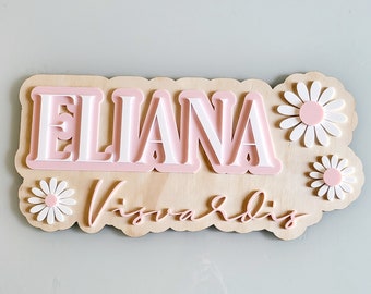 Benutzerdefinierte Holz Namensschild | Boho Namensschild | Mädchen Namensschild | Oben Krippe Zeichen | Baby-Dusche-Geschenk | Gänseblümchen Holzschild | Retro Kinderzimmer Schild