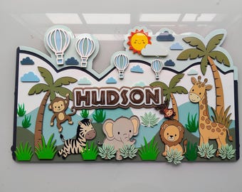 Personalised Safari Nursery Name Sign, Jungle Animal Wall Decor, Custom Baby Name Sign, 3D Wooden Nursery Decor, Boys room, Hot Air Balloons