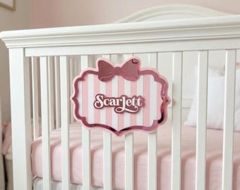 Laser Cut Bow Name Sign, Gold Mirror Acrylic Nursery Decor