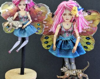 Fairy/Butterfly doll is articulated like a paper puppet. Doll with a Cat, art doll that can be a jewelry.