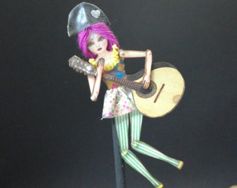 Tiny Colombian, Pierrot or Harlequin  doll with 6 cm is articulated like a paper puppet. Doll with a guitar, art doll that can be a jewelry