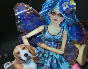 Fairy/Butterfly doll is articulated like a paper puppet. Doll with your dog Beagle, art doll that can be a jewelry