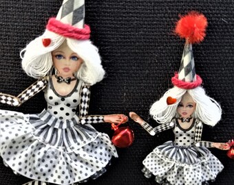 Colombian, Pierrot or Harlequin  doll is articulated like a paper puppet. Doll with a rattle, art doll that can be a jewelry