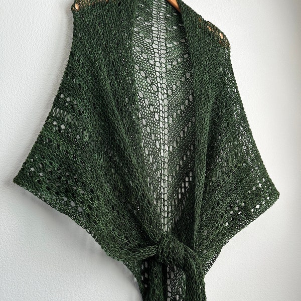 Handmade Hand Knit Luxury Fine Highland Wool Shawl Dark Dublin Green Evergreen Conifer Emerald Hand Kettle Dyed Yarn Heirloom Bridal Wrap