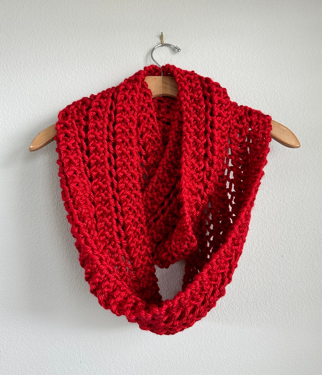 Handmade Hand Knit Chunky Lace Infinity Scarf Bright Red Holiday ...