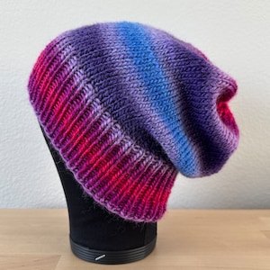 2 In 1 Handmade Knit Slouchy OR Fitted Beanie Wool Warm Cozy Soft Winter Hat Superwash Wool Purple Pink Blue Magenta Ombre Beanie Lupine