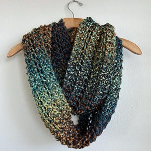 Handmade Hand Knit  Chunky Knit Infinity Scarf Turquoise Teal Bronze Brown Orange Gold Colorful Super Soft Cozy and Warm Winter Scarf