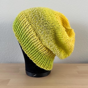 2 in 1 Slouchy and Fitted Handmade Beanie Neon Yellow and Green Hand Knit Winter Hat Superwash Wool Warm Cozy Beanie
