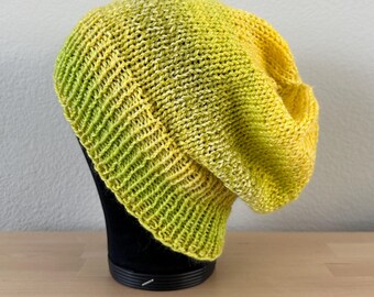 2 in 1 Slouchy and Fitted Handmade Beanie Neon Yellow and Green Hand Knit Winter Hat Superwash Wool Warm Cozy Beanie