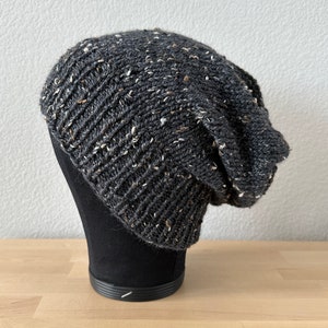 2 in 1 Slouchy AND Fitted Handmade Hand Knit Beanie Merino Wool Alpaca Tweed Speckled Adult Teen Sized Neutral Gray Black Hat